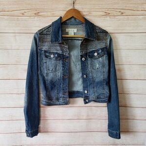 Kiss & Cry Distressed Embroidered Cropped Denim/Jean Jacket